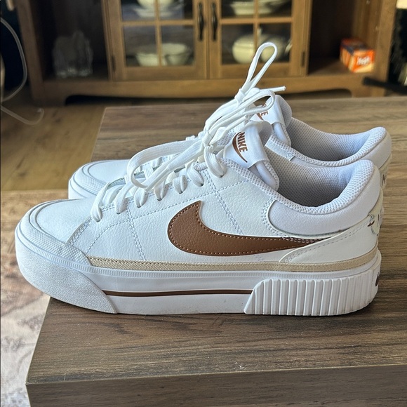 Nike Shoes - Nike White Sneakers with Brown Swoosh Nike Court Legacy Lift Sneaker - Women's